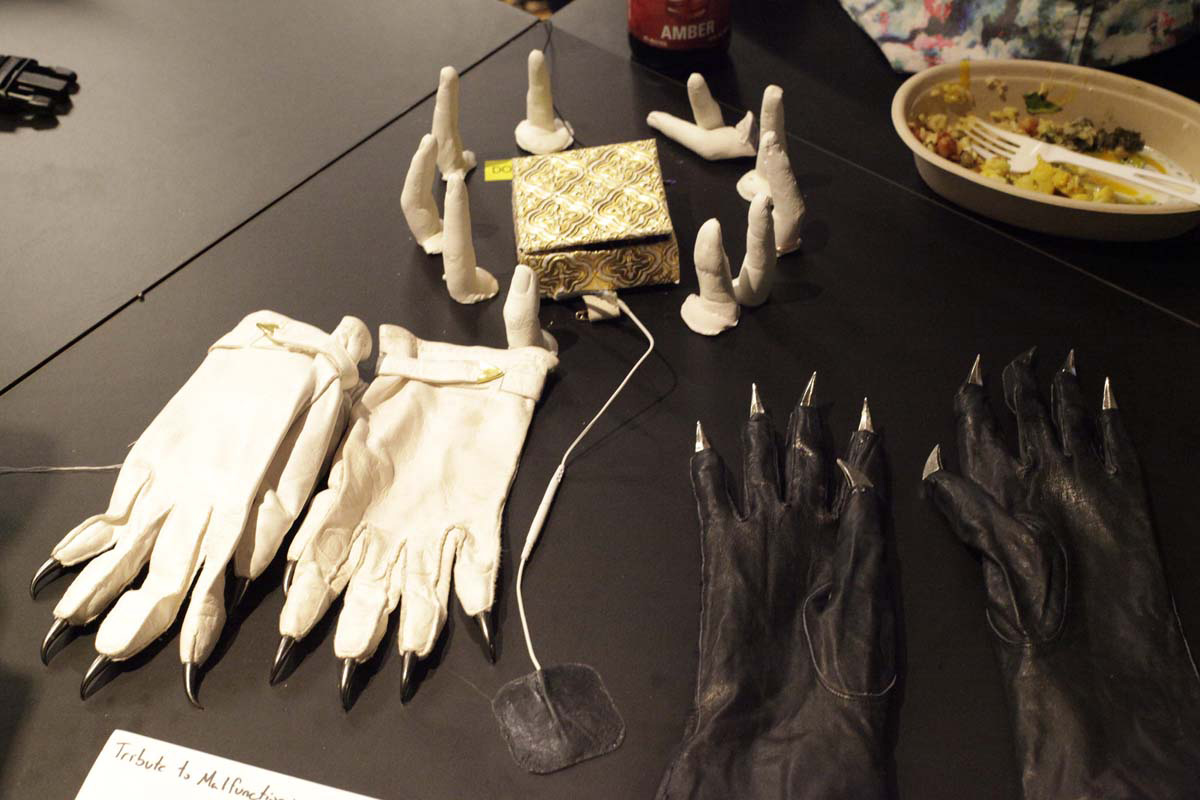 fingers made of clay, 2 pairs of gloves with metal tips as nails